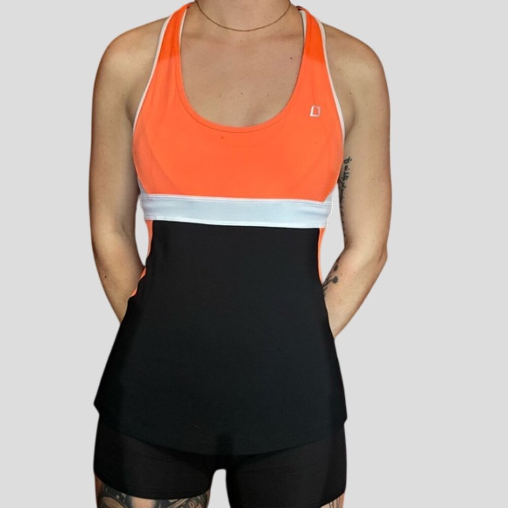 Lorna Jane Orange/White/Black Athletic Exercise Racerback Yoga Exercise Tank Top